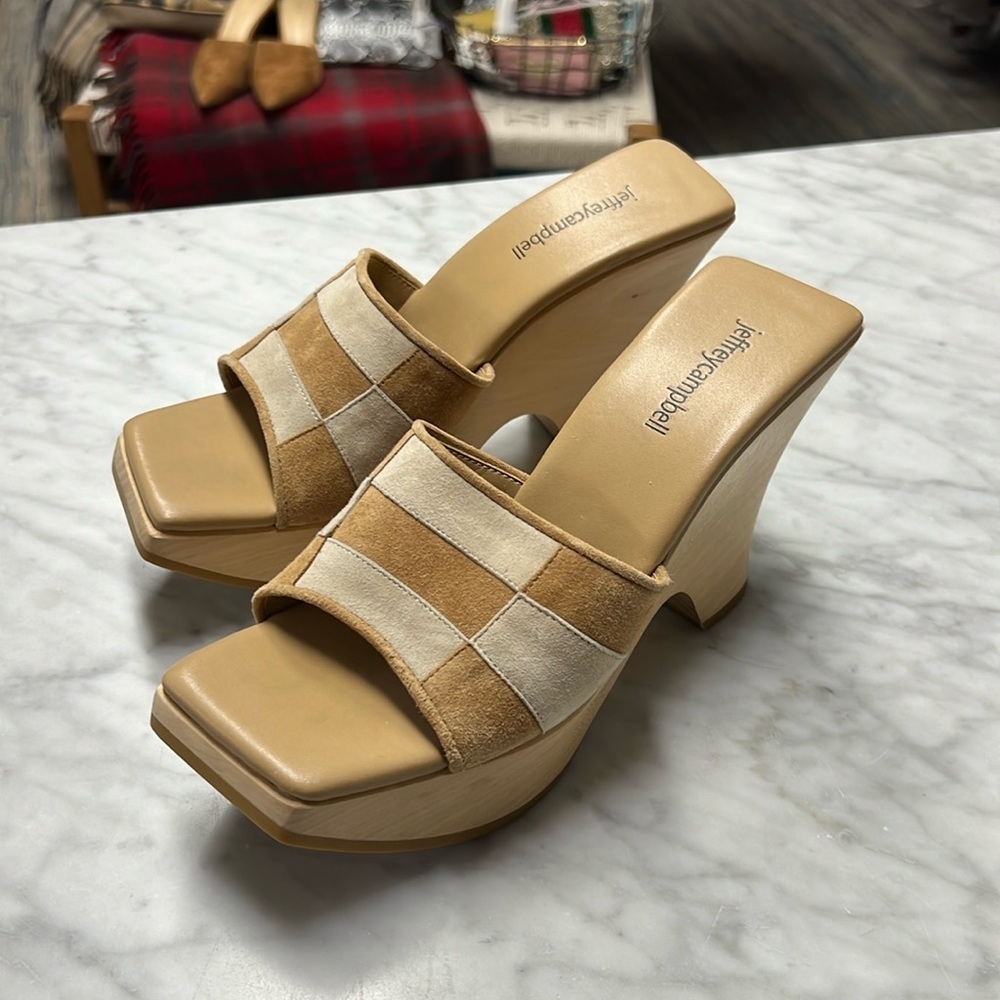 Jeffrey Campbell Suede Color Block Wooden Heel Slip On Platform Sandal Size 7